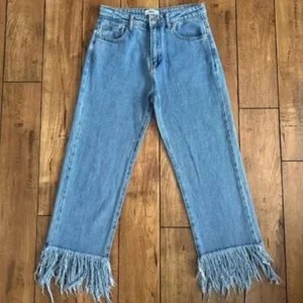 Forever 21 Light Blue Fringe-Hem Wide Leg Jeans